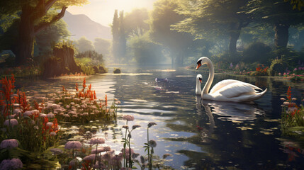 Swans in a natural setting on a pond - obrazy, fototapety, plakaty