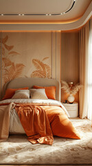 A warm and inviting bedroom decorated in peach tones with botanical artwork