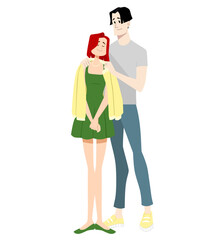 Young couple girl and guy hugging. Caring and love