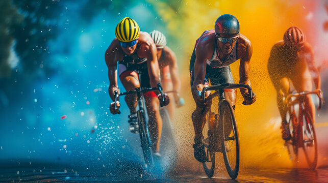Visual art of men competing in a cycling race