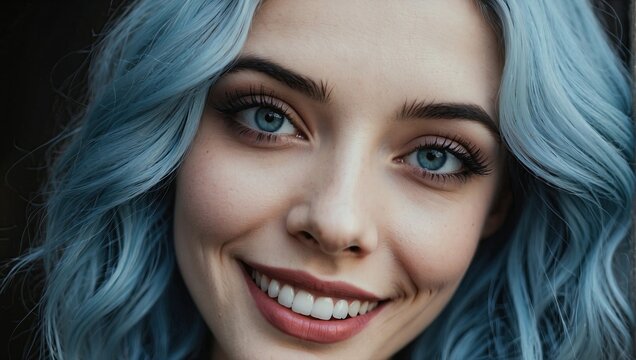 Close-up selfie of a young woman with blue hair and tattoos, smiling exuding a trendy and confident urban style.