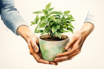 A sweet watercolor image capturing the act of holding a tiny plant, preparing it for its new home in a soft-hued pot