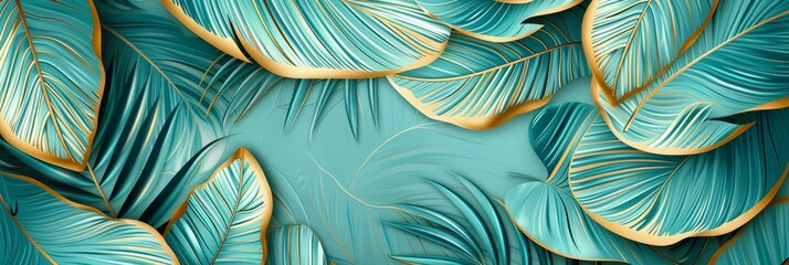Gold and Green Leaf Art Pattern with a Turquoise Background - Seamless Pattern Light Green and Light Aquamarine Smooth Lines Decorative Luxurious Wall Hangings created with Generative AI Technology