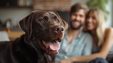 Smiling couple cuddling with their chocolate labrador in a bright living room