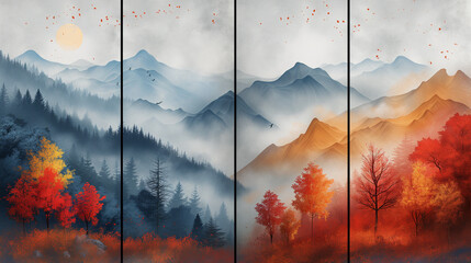 Autumn Landscape Art: Misty Mountains, Colorful Fall Trees, Full Moon, Falling Leaves