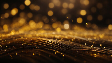Abstraction, wavy lines, black and gold tones, glowing blurred background, bokeh effect