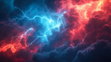 Nature's Fury: Red Bolt Pierces Blue Thunderstorm