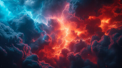Fototapeta na wymiar Ethereal Energy: Red and Blue Lightning Dance