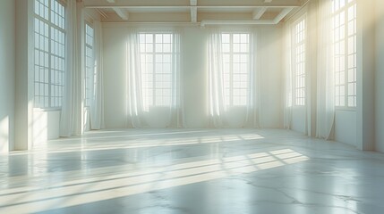 The serene atmosphere of an empty room flooded with soft, natural light. Generative AI.