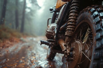 Obraz premium Close-up of a muddy motorcycle in a forest, emphasizing the thrill of off-road biking