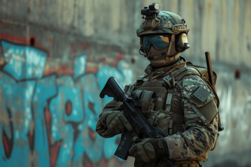 Fototapeta premium Guardian in Action: Bright Military Scene