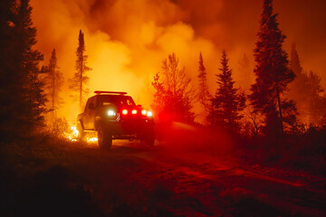 Fototapeta na wymiar Rescue in the Dark: Pickup Truck Confronts Wildfire