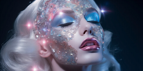 Fashion editorial portrait presenting a model adorned with holographic and iridescent cosmetics in silver shades. Glowing skin, shimmering eyeshadow, and sparkling lip gloss. Celestial sophistication.