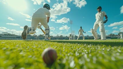 Dynamic cricket match scene with players in action, low angle, vibrant green pitch