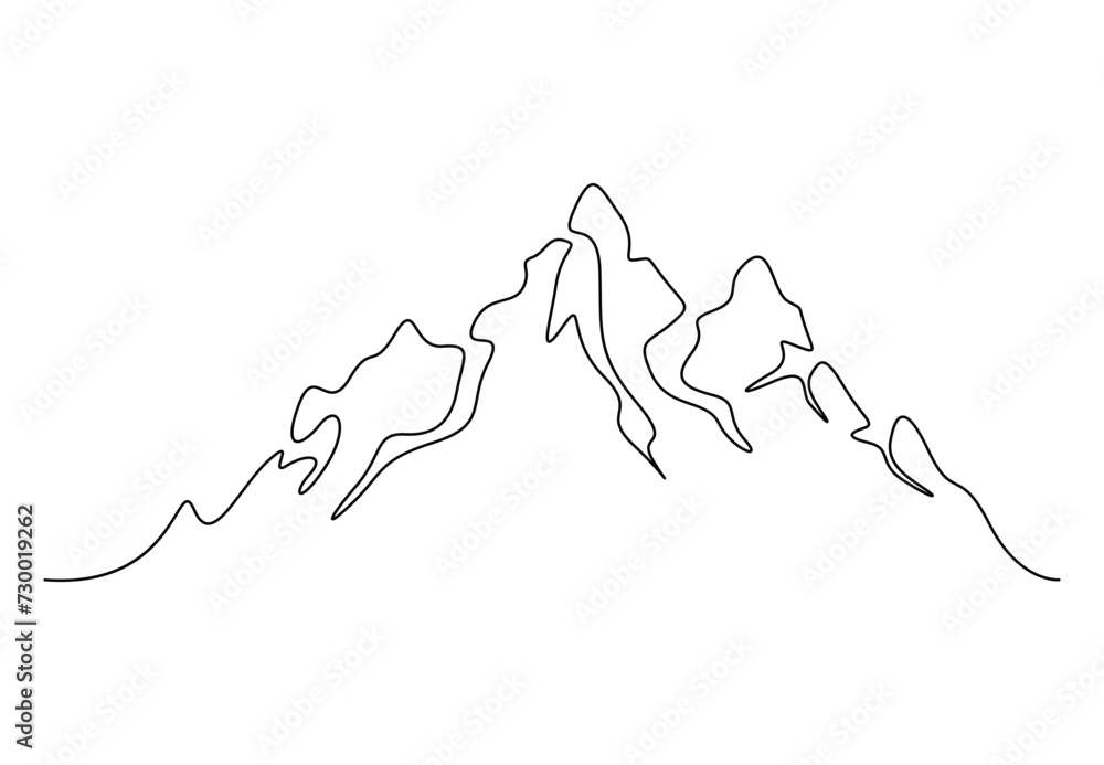 Poster continuous single line drawing of mountain range landscape top view of mounts in simple linear style