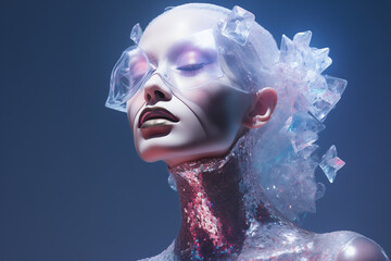 Beauty editorial portrait featuring a fashion model with holographic and iridescent cosmetics in silver hues. Radiant skin, shimmering eyeshadow, and sparkling lipstick. Futuristic elegance.