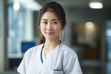 Fototapeta premium Asian Nurse. A professional Asian nurse smiling confidently, wearing a stethoscope and a scrub, in a bright hospital corridor.