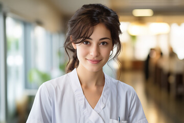 Asian Nurse. A professional Asian nurse smiling confidently, wearing a stethoscope and a scrub, in a bright hospital corridor.