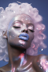 Fashion editorial portrait showcasing a model with holographic and iridescent make-up in silvery tones. Glowing skin, shimmering eyeshadow, and glossy lip color. Celestial sophistication.