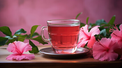 Fototapeta na wymiar Hibiscus tea in glass cup. Cup of hibiscus tea and dry hibiscus petals