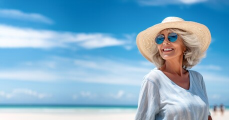 beautiful smiling senior woman in sunglasses and straw hat walking on beach