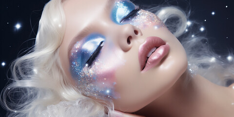 Beauty editorial portrait highlighting a model donning holographic and iridescent makeup in silver hues. Radiant skin, shimmering eyeshadow, and sparkling lip gloss. Futuristic sophistication.