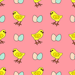 Bright seamless illustration with chickens and eggs. Easter