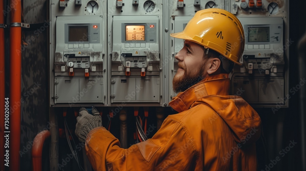 Poster electrician works with electric meter. generative ai.