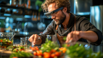 Smart glasses. An enthusiastic home chef prepares a meal while wearing virtual reality glasses, displaying interactive cooking instructions in a modern kitchen. - obrazy, fototapety, plakaty