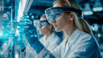 Smart glasses. A medical researcher wearing smart augmented reality glasses examines a 3D anatomical model for in-depth human body study.