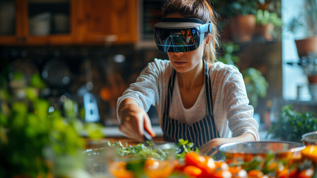 Smart glasses. An enthusiastic home chef prepares a meal while wearing virtual reality glasses, displaying interactive cooking instructions in a modern kitchen.