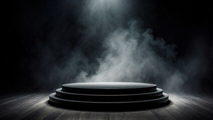 On a dark, smoke-filled stage, a black podium serves as an abstract platform for showcasing...