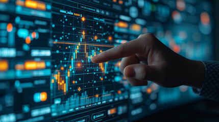 Financial Trading. Close-up of a hand interacting with a digital financial chart, highlighting the detailed analysis of trading data and market trends.