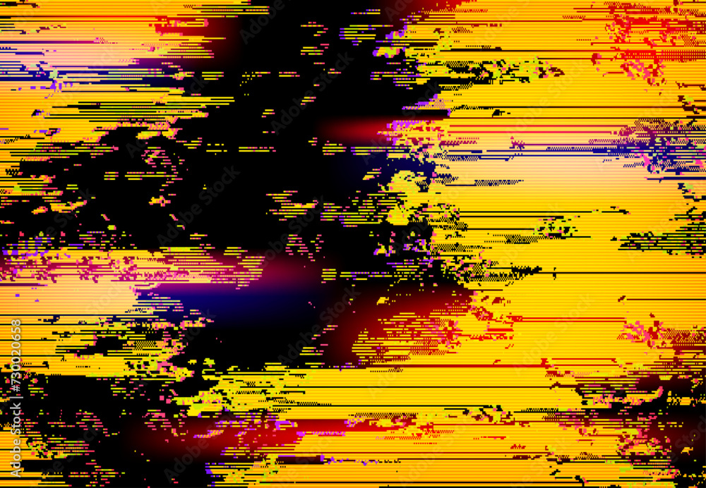 Aufkleber Yellow tv or vhs glitch texture background with distorted lines and pixelation create a visually striking, nostalgic yet chaotic vector visual, reminiscent of analog interference with digital disarray