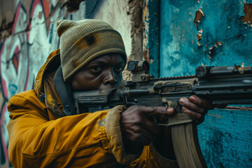 Fototapeta premium Focused man in yellow jacket aiming a rifle, urban graffiti backdrop.