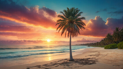 A solitary palm tree swaying gently atop a sandy beach and set against a backdrop of a vibrant sunset sky