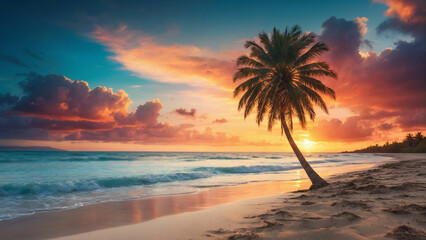 Fototapeta na wymiar A solitary palm tree swaying gently atop a sandy beach and set against a backdrop of a vibrant sunset sky