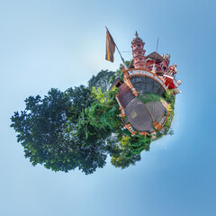 little planet with hindu maruti temple of ape goddess hanuman in jungle in Indian tropic village on...