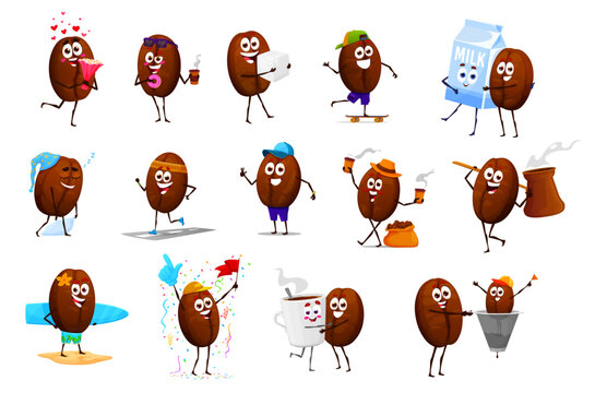 Cartoon cheerful happy coffee bean characters with coffee cup, vector mascot icons. Funny cute coffee beans with face smile hugging milk and sugar, sleeping or with donut dessert and thumb up
