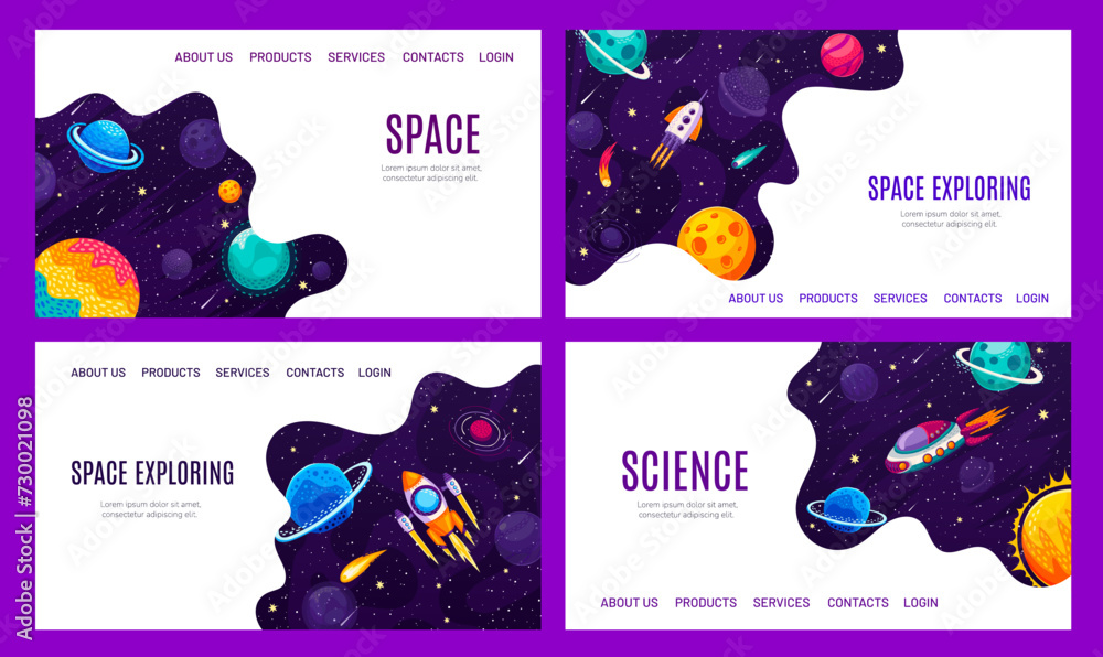 Poster galaxy space landing pages. cartoon rocket, spaceship and starship, starry sky and space planets web
