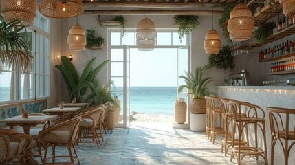 The interior of a cafe by the sea. The main materials for the interior are terracotta. Generative AI.