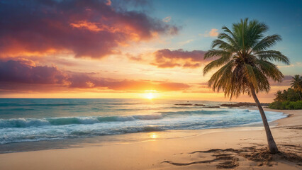 Fototapeta na wymiar A solitary palm tree swaying gently atop a sandy beach and set against a backdrop of a vibrant sunset sky