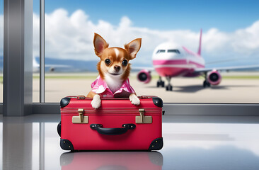 A red chihuahua in a Hawaiian shirt with a pink suitcase in a bright airport building by the window. The sky and the planes in the window. Travel, vacation, beach holidays, airlines