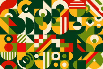 Mexican modern geometric motif with abstract Bauhaus pattern, vector background. Mexican flag colors pattern of simple minimal elements and geometric shapes in Bauhaus, Swiss or Scandinavian pattern