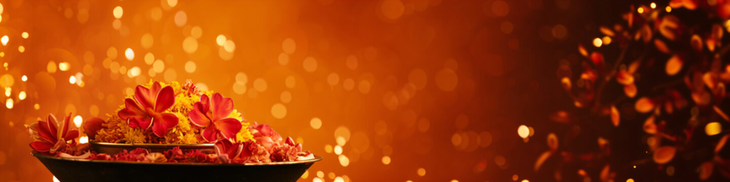 Marigold flowers in traditional Indian pot kalash on orange background with copy space. Hindu Puja. Festival Vishu celebration. Greeting card or banner for holiday Ugadi or Gudi Padwa Hindu New Year