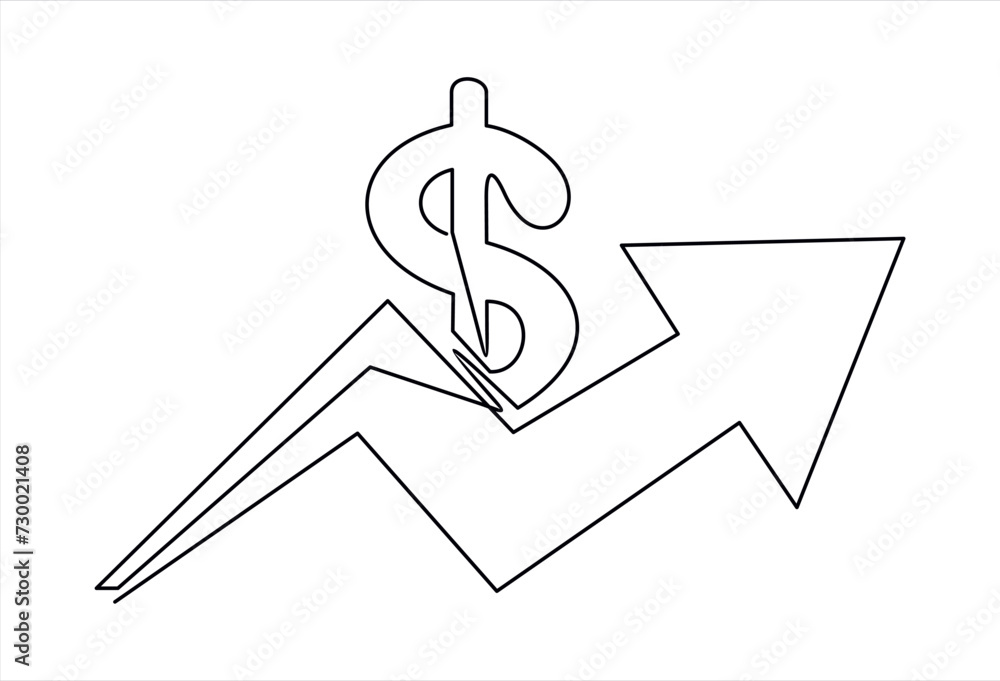 Poster financial graph with group of up trend arrow and dollar sign.continuous line drawing