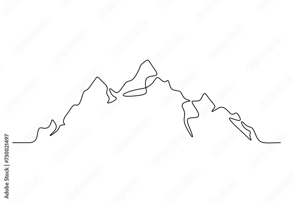 Poster mountain range landscape in one continuous line drawing. isolated on white background vector illustr