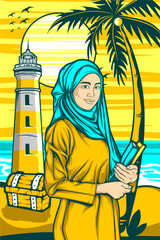 sexy charming girl illustration with awesome beach background