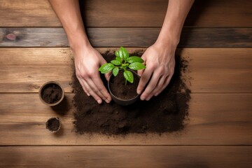 Top view of a pair of hands carefully holding a young sapling next to a set of garden tools on a light wooden table