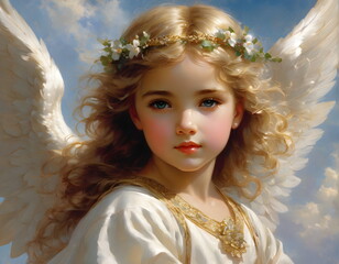 A little angel, an innocent child with wings in a white dress